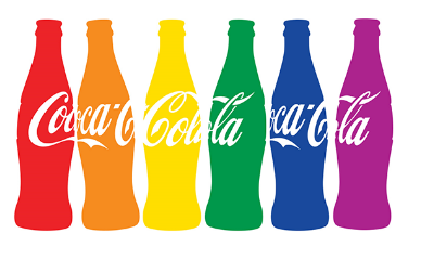 6 Coca Cola in various colors lined  up horizontally.